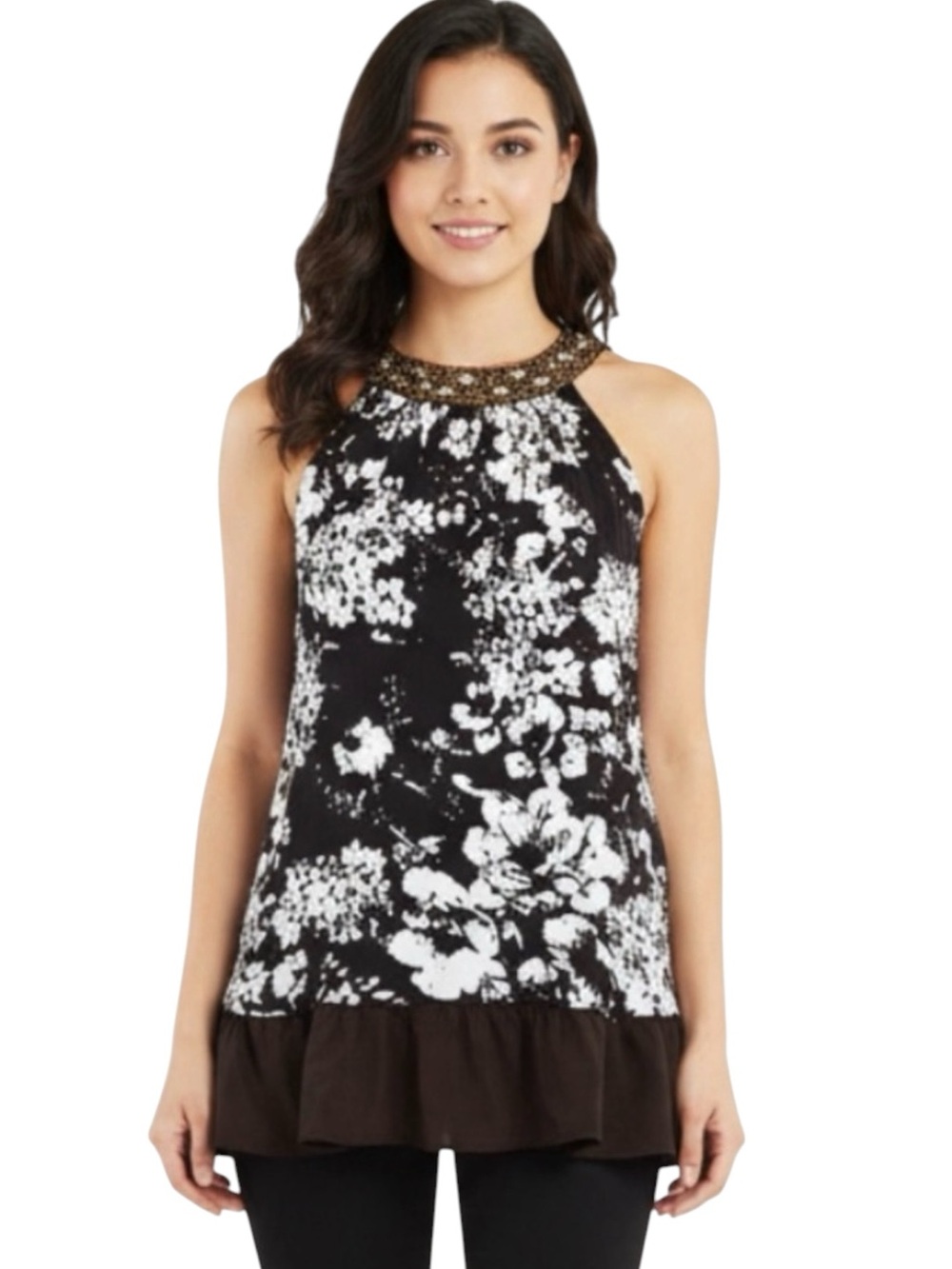VELVET Jewel Neck Black White Silk Top Sequin High Neck Boho Chic Size Large